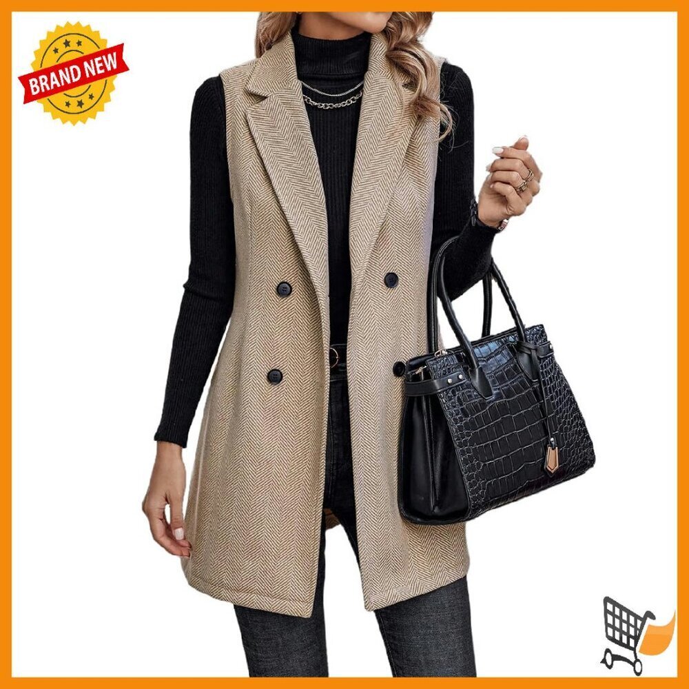 Wool Long Vest Sleeveless Double Breasted Lapel Winter Coat Jacket